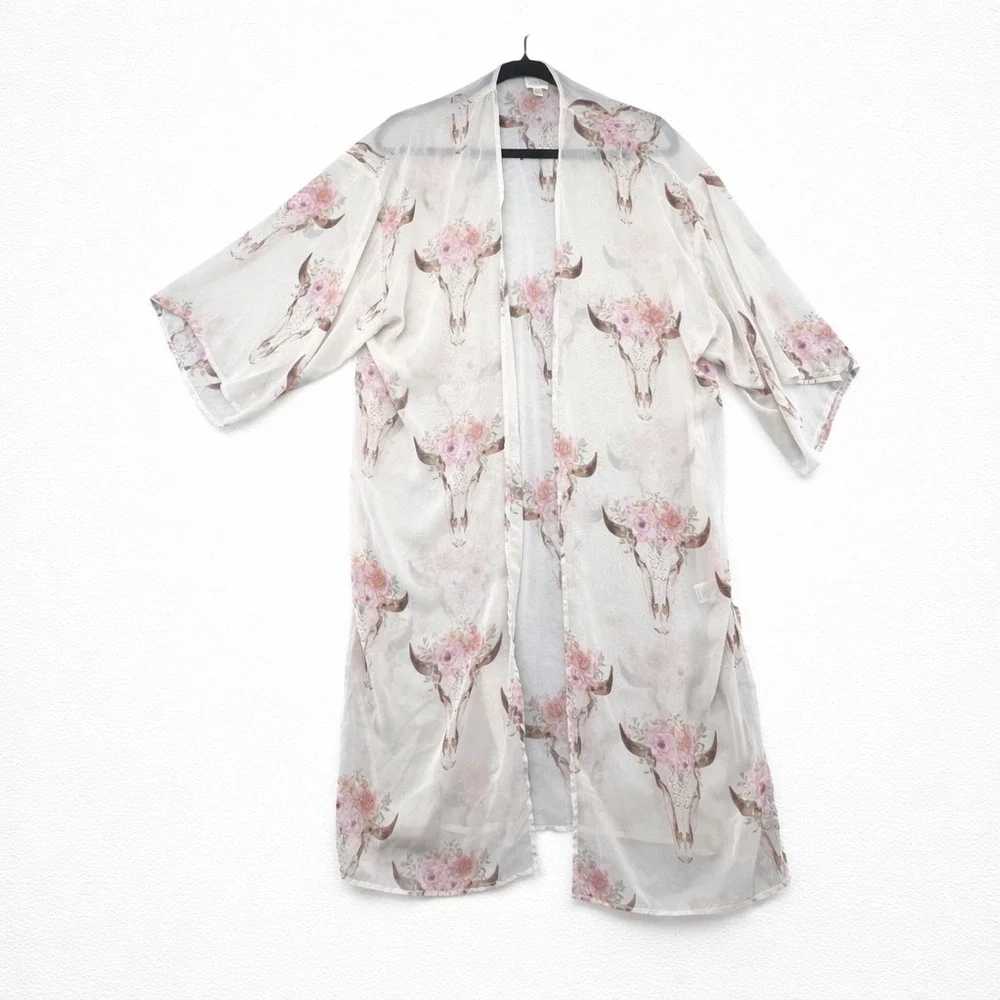 Pink Owl Kimono Duster Cardigan Floral Bull Skull Bohemian Festival Cover Up